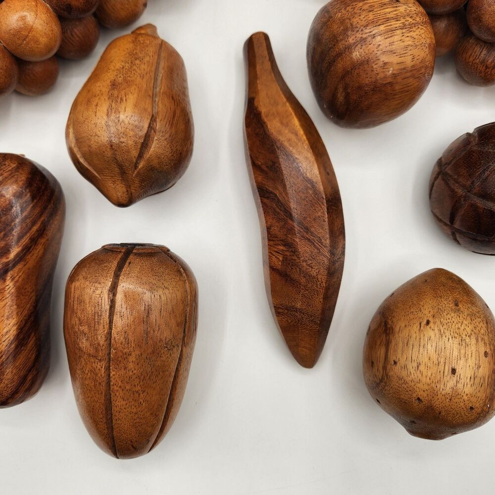 Carved Wooden Fruit 9 Pieces Dining Table Decor MCM Grapes Pear Apple Banana - Picture 4 of 15